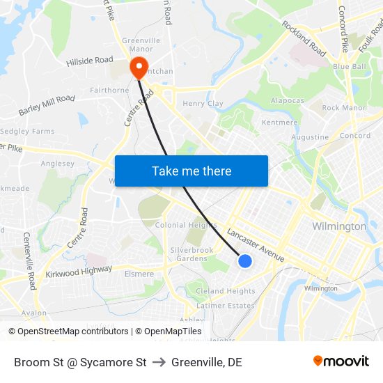 Broom St @ Sycamore St to Greenville, DE map