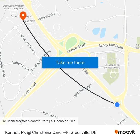 Kennett Pk @ Christiana Care to Greenville, DE map