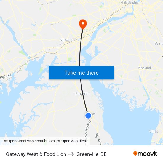 Gateway West & Food Lion to Greenville, DE map