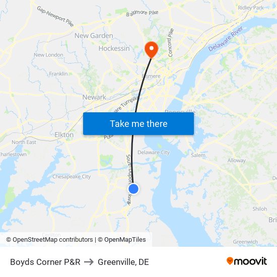 Boyds Corner P&R to Greenville, DE map