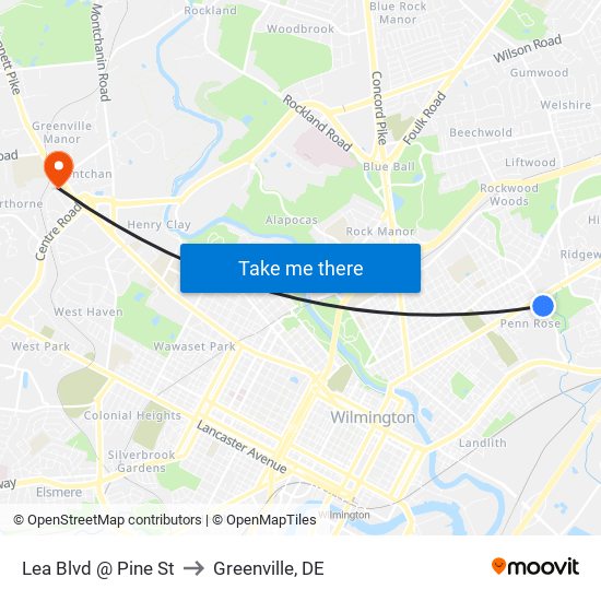 Lea Blvd @ Pine St to Greenville, DE map