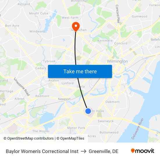 Baylor Women's Correctional Inst to Greenville, DE map