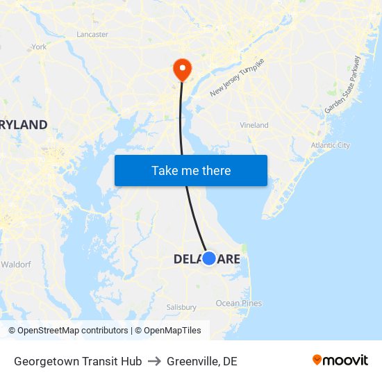 Georgetown Transit Hub to Greenville, DE map