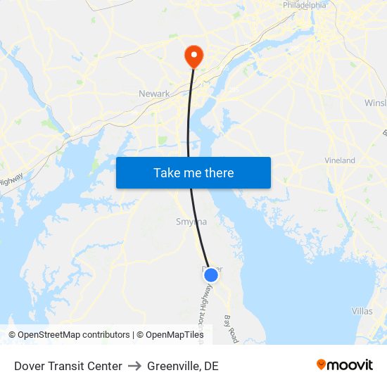 Dover Transit Center to Greenville, DE map