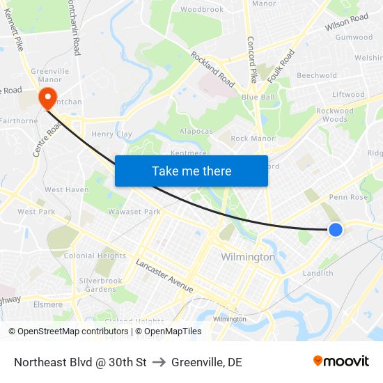 Northeast Blvd @ 30th St to Greenville, DE map