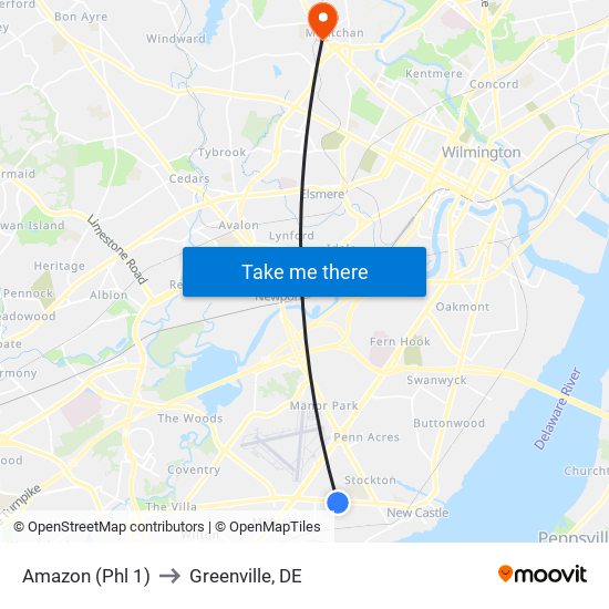 Amazon (Phl 1) to Greenville, DE map