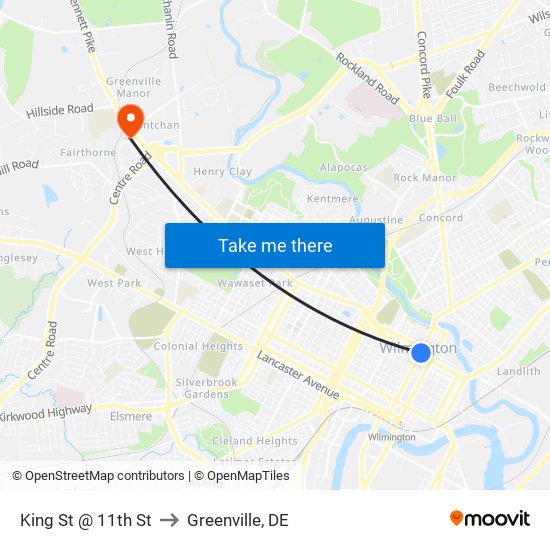 King St @ 11th St to Greenville, DE map