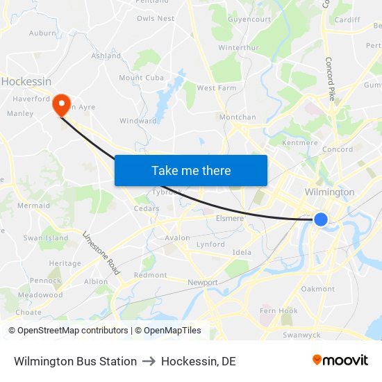 Wilmington Bus Station to Hockessin, DE map