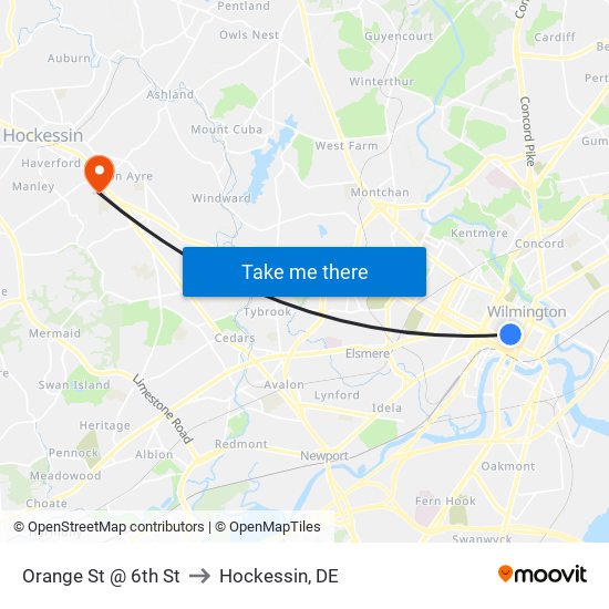 Orange St @ 6th St to Hockessin, DE map