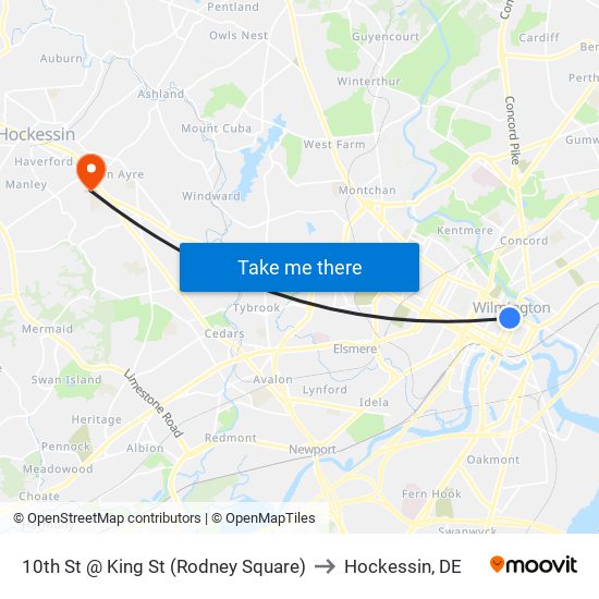 10th St @ King St (Rodney Square) to Hockessin, DE map