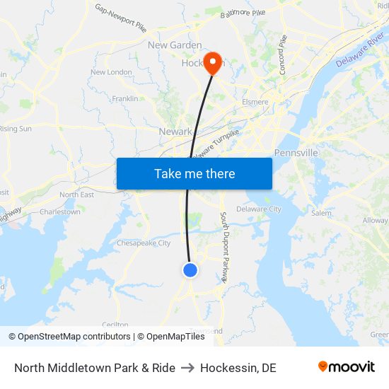 North Middletown Park & Ride to Hockessin, DE map