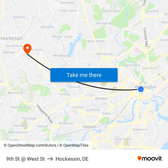 9th St @ West St to Hockessin, DE map