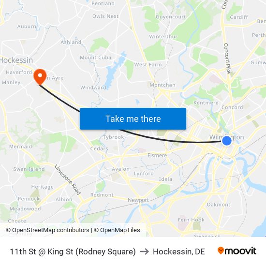 11th St @ King St (Rodney Square) to Hockessin, DE map