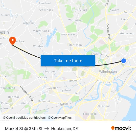 Market St @ 38th St to Hockessin, DE map