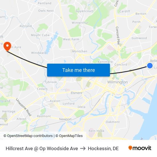 Hillcrest Ave @ Op Woodside Ave to Hockessin, DE map