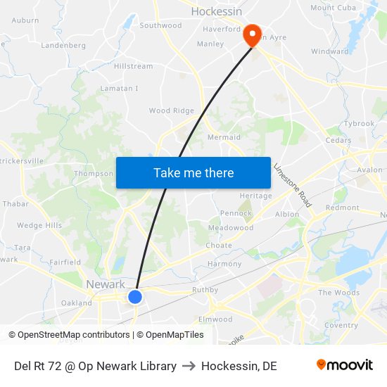 Del Rt 72 @ Op Newark Library to Hockessin, DE map
