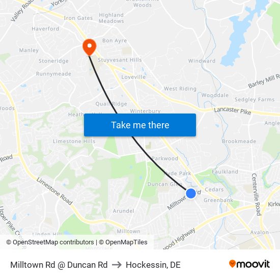 Milltown Rd @ Duncan Rd to Hockessin, DE map