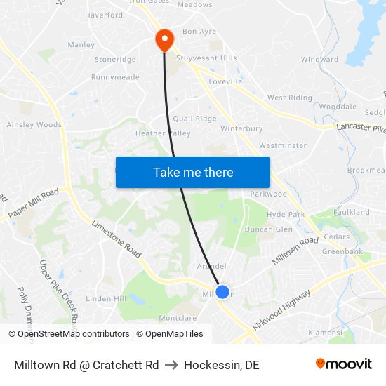 Milltown Rd @ Cratchett Rd to Hockessin, DE map