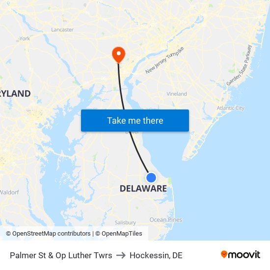 Palmer St & Op Luther Twrs to Hockessin, DE map