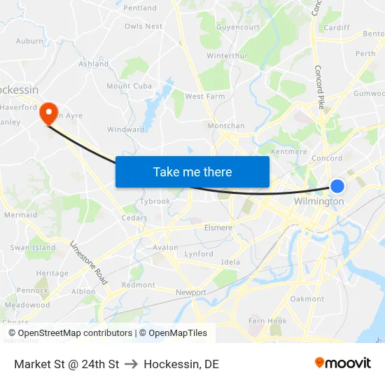 Market St @ 24th St to Hockessin, DE map