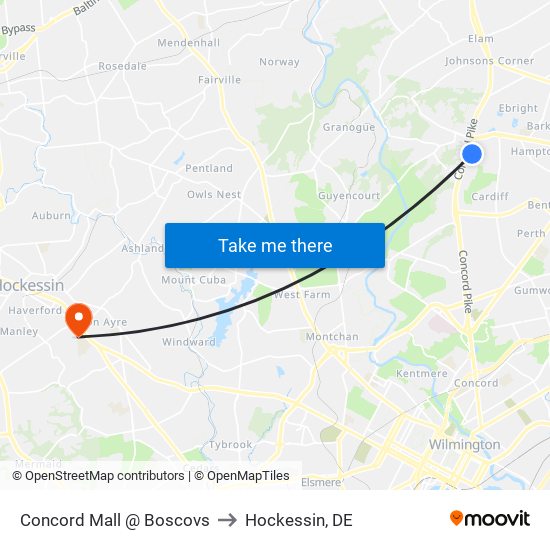 Concord Mall @ Boscovs to Hockessin, DE map