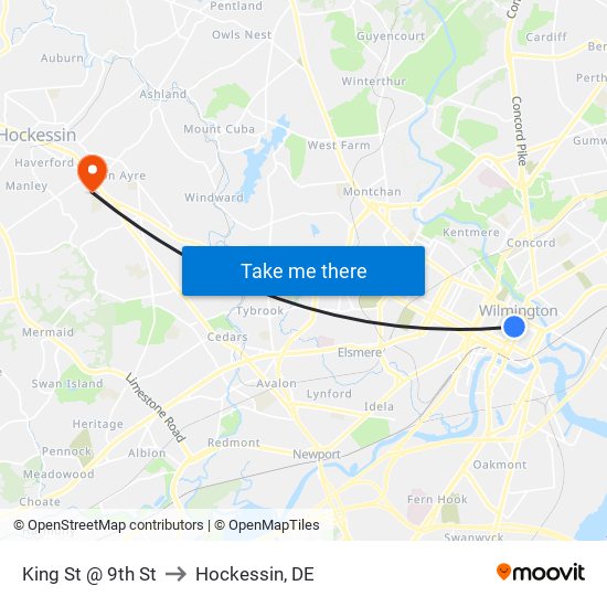 King St @ 9th St to Hockessin, DE map