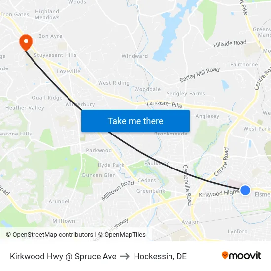 Kirkwood Hwy @ Spruce Ave to Hockessin, DE map