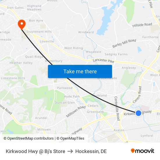 Kirkwood Hwy @ Bj's Store to Hockessin, DE map