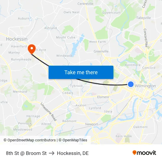 8th St @ Broom St to Hockessin, DE map