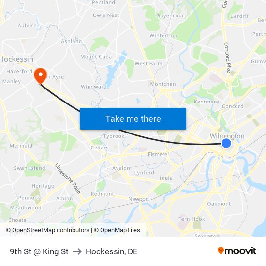 9th St @ King St to Hockessin, DE map