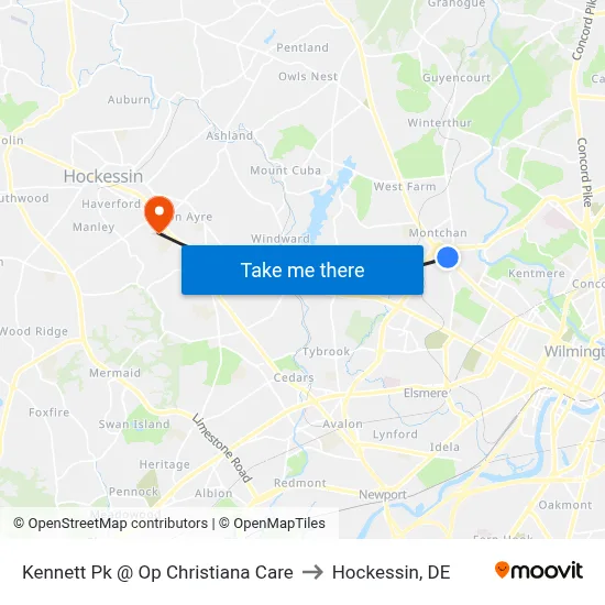 Kennett Pk @ Op Christiana Care to Hockessin, DE map