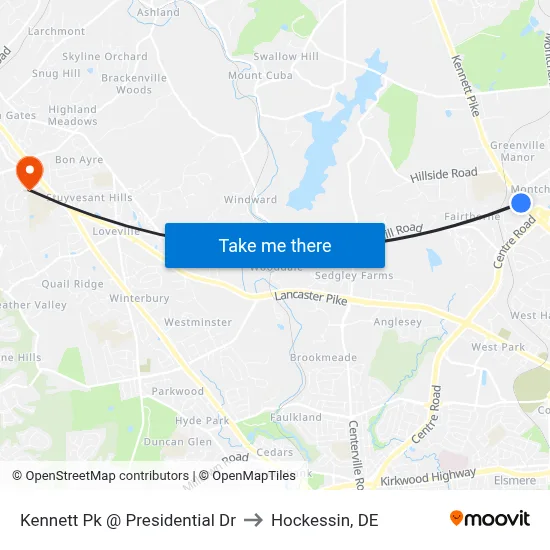 Kennett Pk @ Presidential Dr to Hockessin, DE map