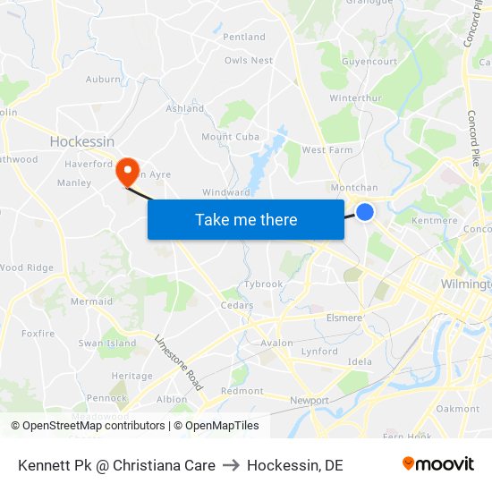 Kennett Pk @ Christiana Care to Hockessin, DE map