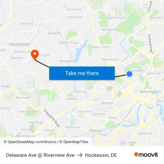 Delaware Ave @ Riverview Ave to Hockessin, DE map