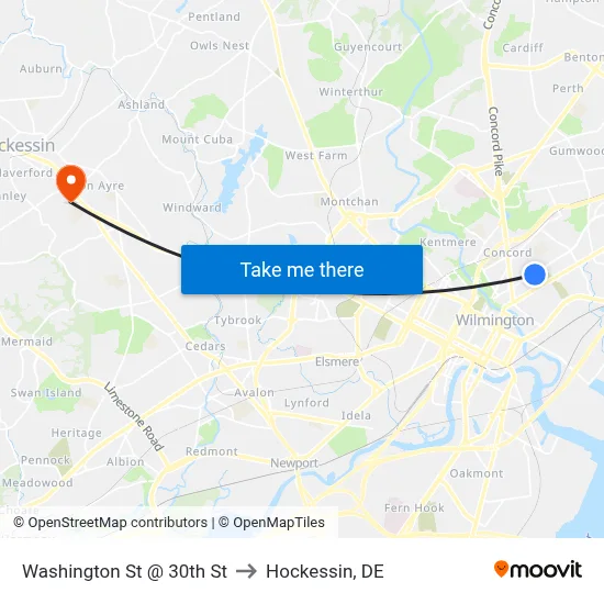 Washington St @ 30th St to Hockessin, DE map
