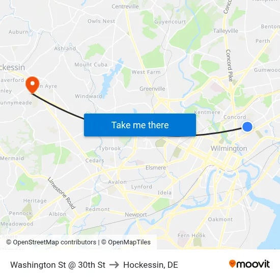 Washington St @ 30th St to Hockessin, DE map