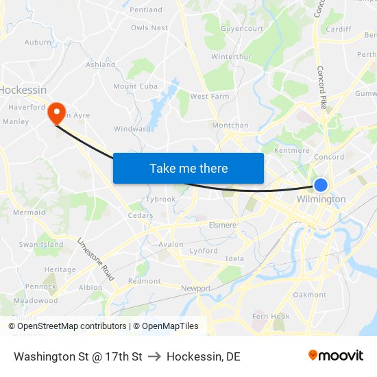 Washington St @ 17th St to Hockessin, DE map