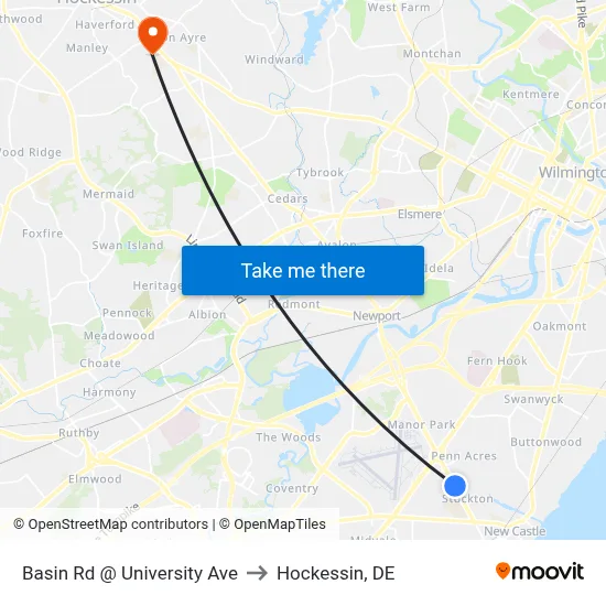 Basin Rd @ University Ave to Hockessin, DE map