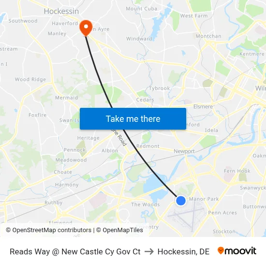 Reads Way @ New Castle Cy Gov Ct to Hockessin, DE map