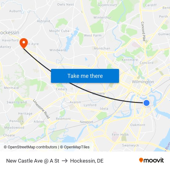 New Castle Ave @ A St to Hockessin, DE map