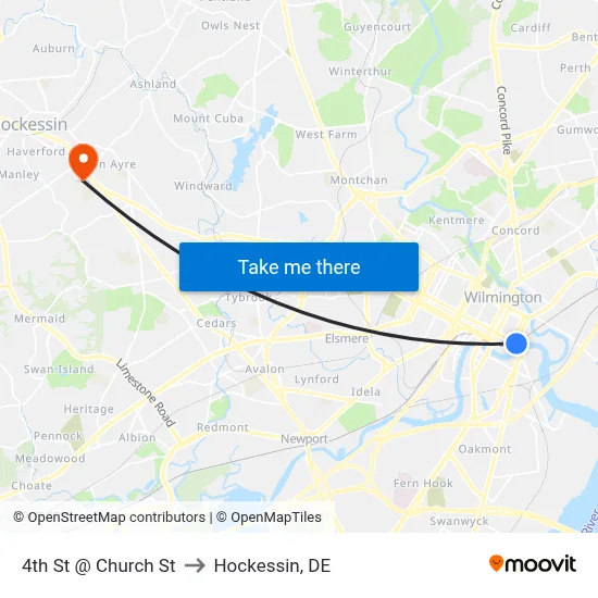 4th St @ Church St to Hockessin, DE map
