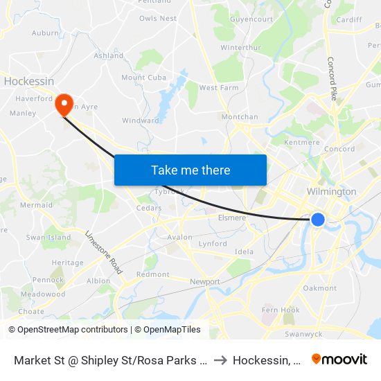 Market St @ Shipley St/Rosa Parks Dr to Hockessin, DE map