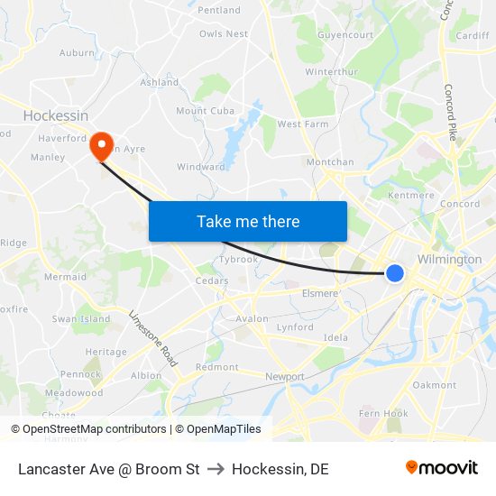 Lancaster Ave @ Broom St to Hockessin, DE map