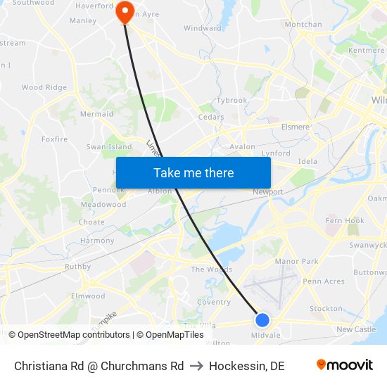 Christiana Rd @ Churchmans Rd to Hockessin, DE map