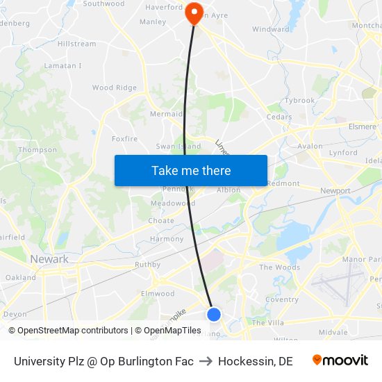 University Plz @ Op Burlington Fac to Hockessin, DE map