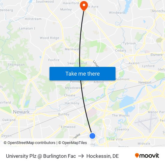 University Plz @ Burlington Fac to Hockessin, DE map