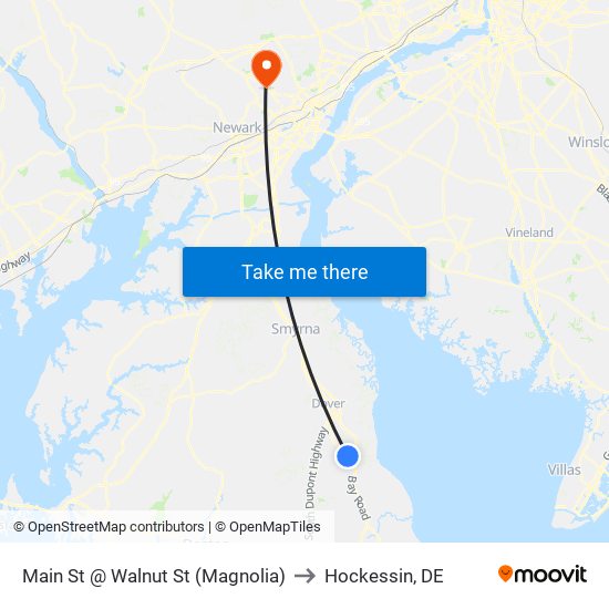 Main St @ Walnut St (Magnolia) to Hockessin, DE map