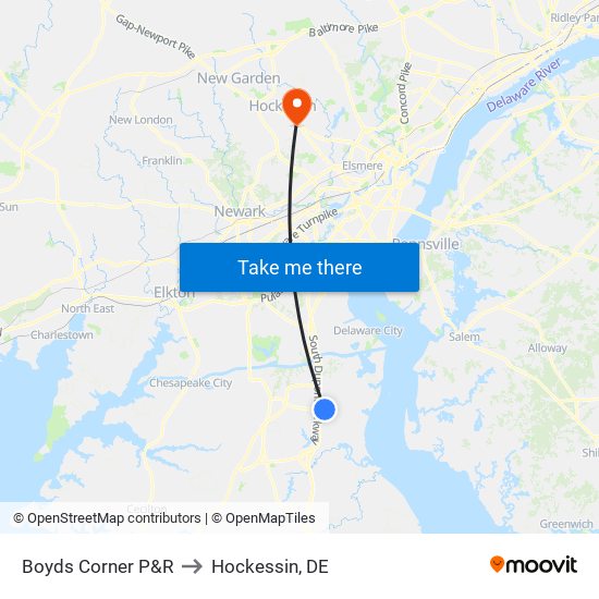 Boyds Corner P&R to Hockessin, DE map