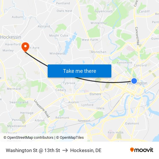 Washington St @ 13th St to Hockessin, DE map