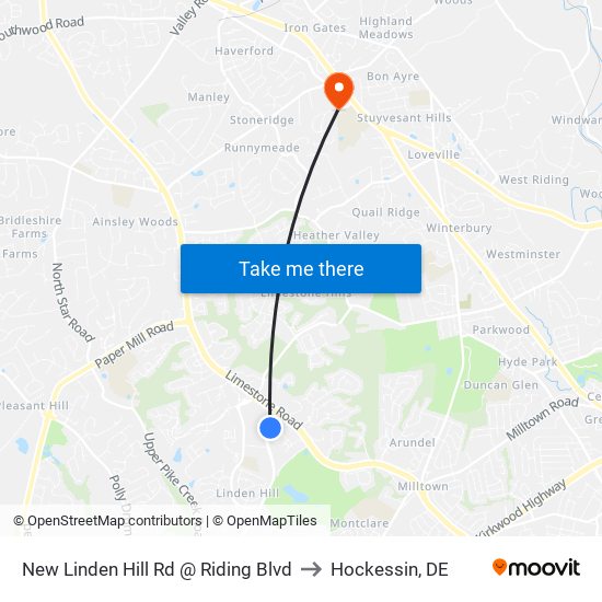 New Linden Hill Rd @ Riding Blvd to Hockessin, DE map